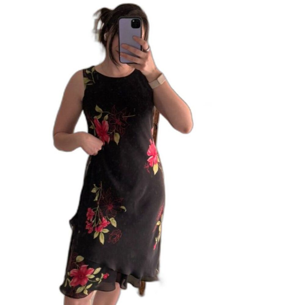Vintage 90s Studio 1 Petite Size 8 Flowy Boho Dark Floral Witchy Midi Dress